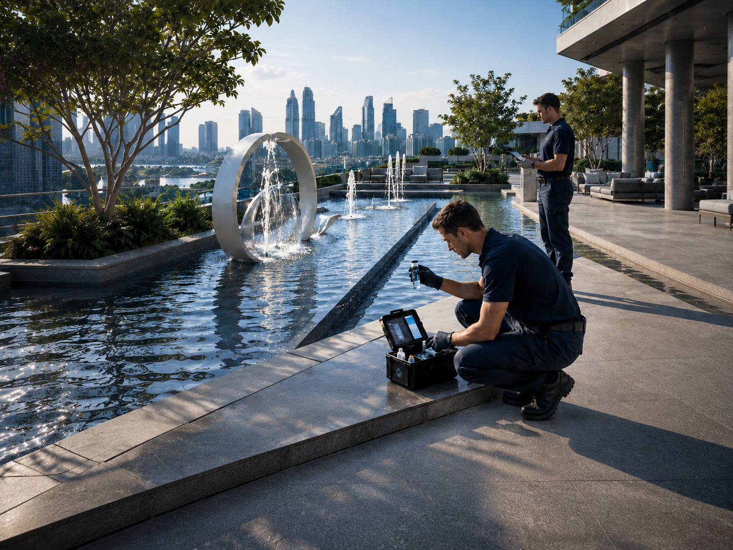 Fountain service technician checking water at a rooftop hospitality feature.