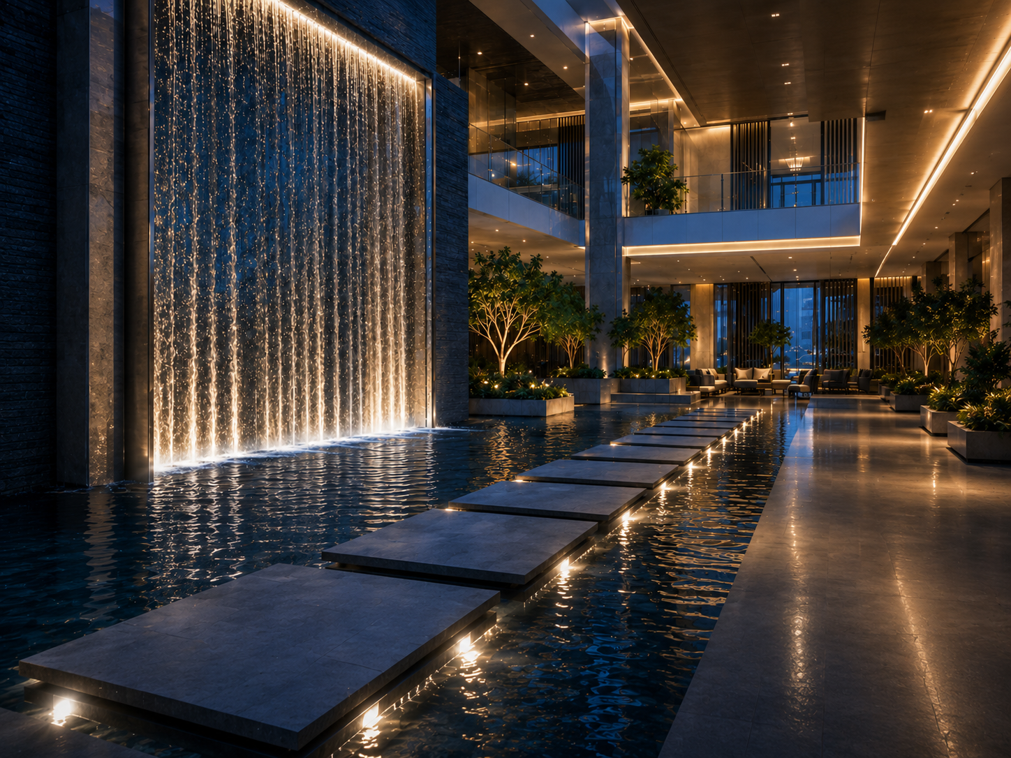 Clean water arcs in a commercial plaza fountain, a public feature protected by scheduled service.