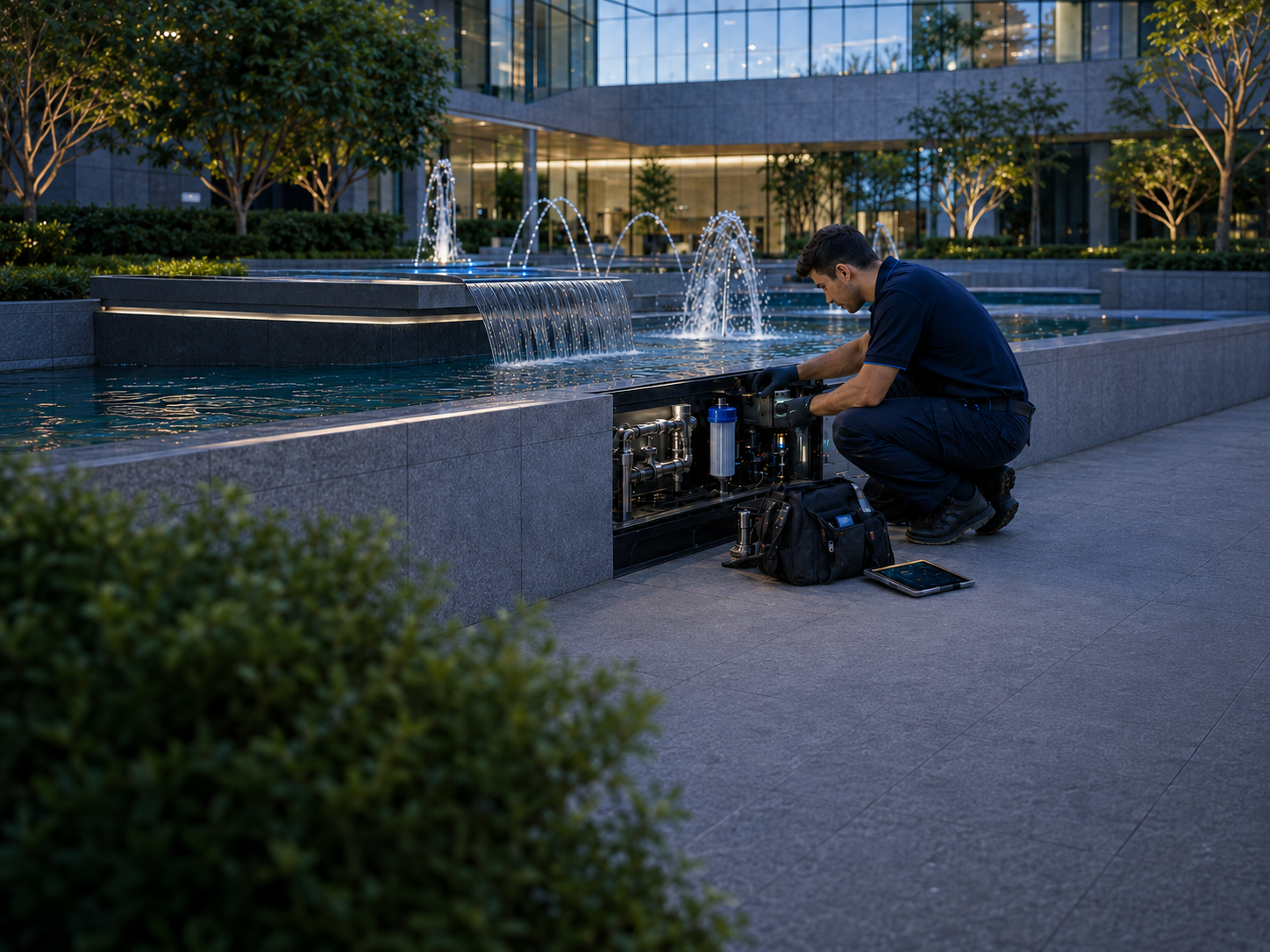 Technician servicing an evening plaza water feature with records ready for the client.