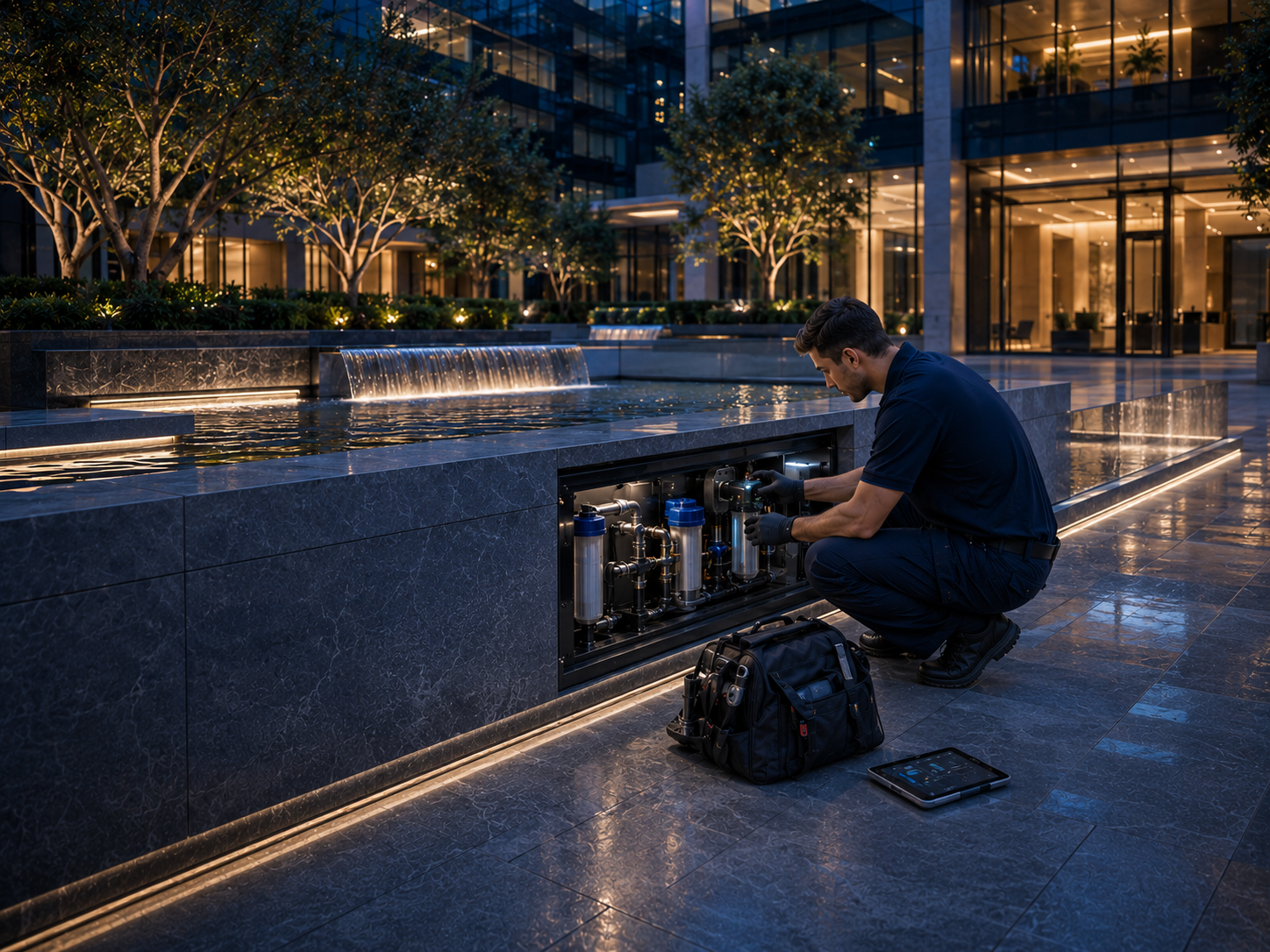 Technician servicing filtration equipment built into a hospitality water feature at dusk.