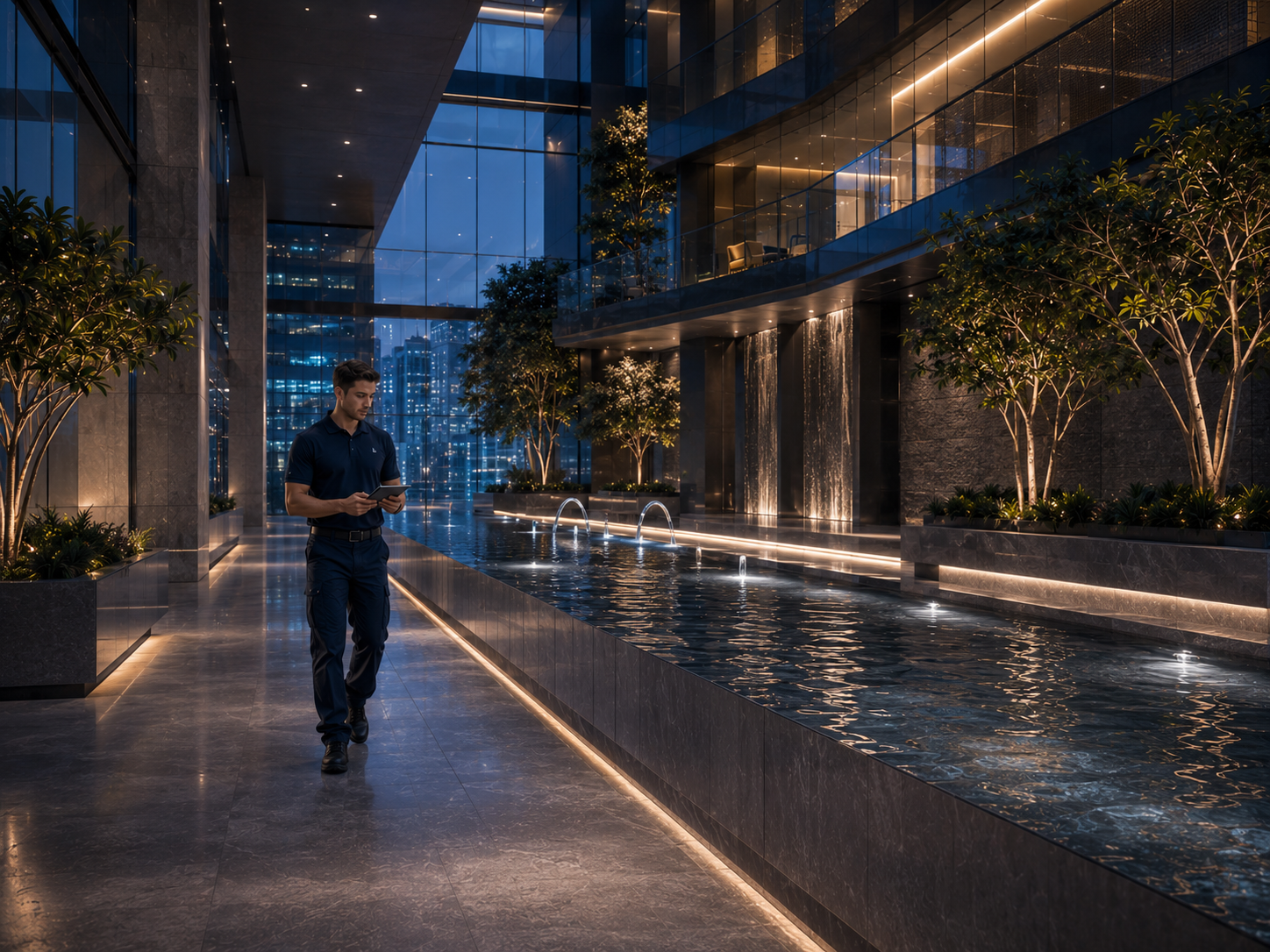 Water-feature technician walking a hotel water corridor with a tablet after checking the route.