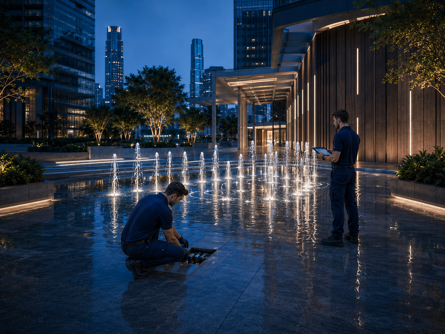 Two technicians commissioning public plaza jets beside an open equipment vault.