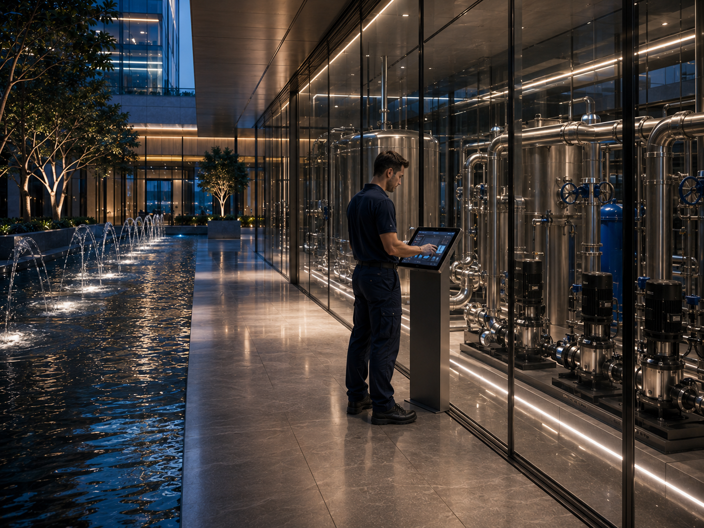 Operator at a glass-walled pump-gallery control panel beside public plaza water jets.